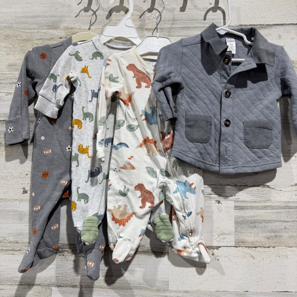 Carters Sleepers Jacket Bundle Boys 3M Gray Dinosaur Sports Quilted